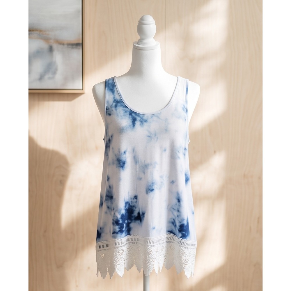XiaoMaAnJi Womens‎ Blue White Tie Dye Lace Hem V-Neck Tank Top Plus 4XL